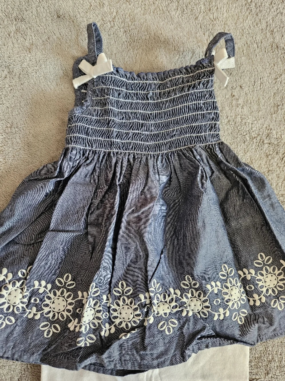 healthtex Blue Chambray Floral Embroidered Tank Top and White Leggings Set